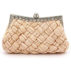 Elegant Braided Pleated Glitter Rhinestone Clutch Beige